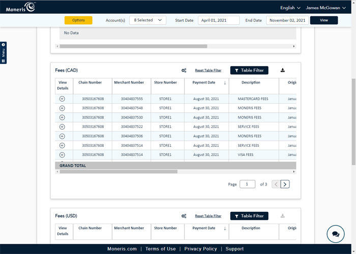 The Fees section of the Bank Reconciliation report displays details about fees associated with processing transactions and conducting business. 